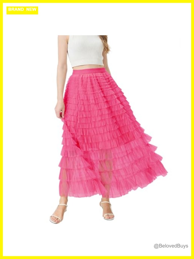 Tulle Maxi Skirt A-Line Ruffle Tiered Layered High Waisted Flowy Sheer Skirt